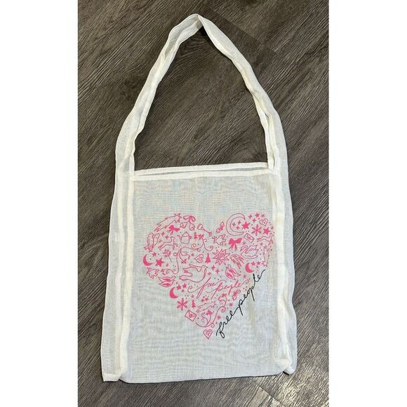 Free People Handbags - Free People Boho Shoulder Bag Purse Tote Linen Blend White Pink Heart Birds Star